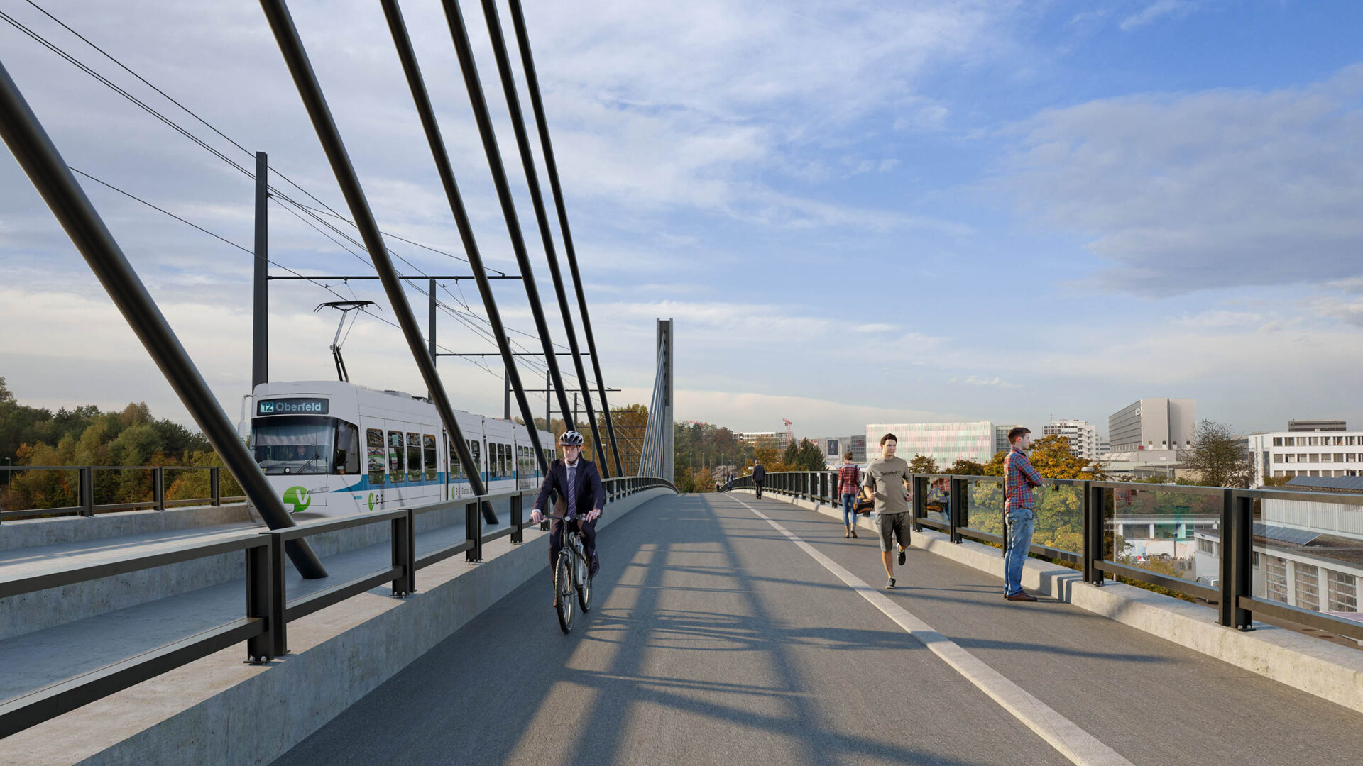 Projektiertes Viadukt der Glattalbahn-Verlängerung Kloten aus der Perspektive der Velofahrer Künstlerische Darstellung des projektierten Viadukt der Glattalbahn-Verlängerung Kloten beim Flughafen Zürich aus der Perspektive eines Velofahrers. Getrennte Bereiche für Tram, Velofahrer und Fussgänger; ein Tram der Glattalbahn-Linie 12 fährt nach Oberfeld, ein Radfahrer trägt Helm, Menschen gehen spazieren oder unterhalten sich, im Hintergrund moderne Gebäude und herbstliche Bäume unter blauem Himmel.